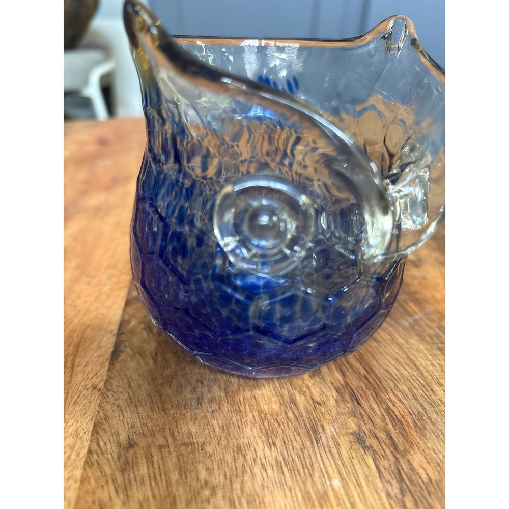 Hand Blown Glass Owl Vase Cobalt Blue Speckled Honeycomb Art Glass Vessel - Picture 2 of 7